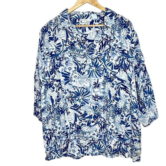 Cynthia Rowley Linen Abstract Floral Top Blue White Womens Size 1X Coastal Beach - Picture 1 of 7